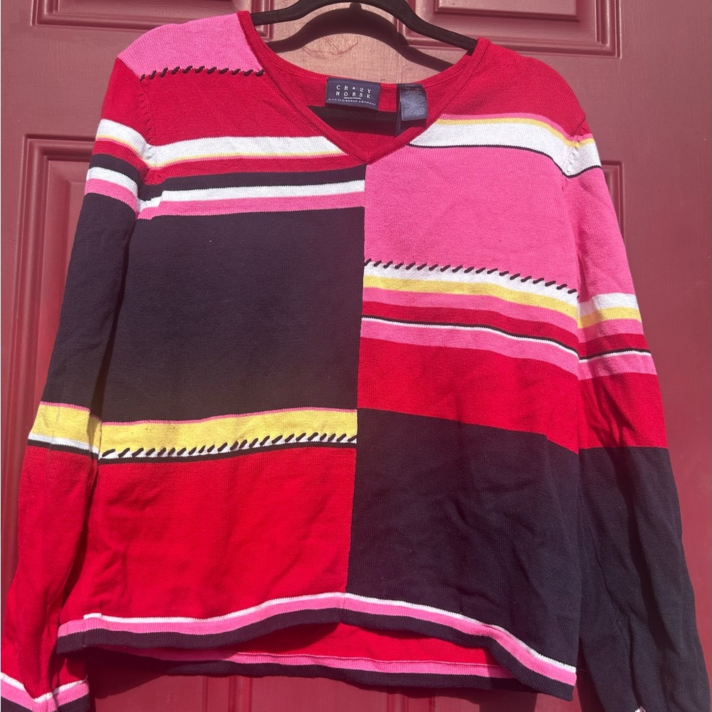 Crazy Horse Liz Claiborne Red and Pink Patchwork Sweater size XL